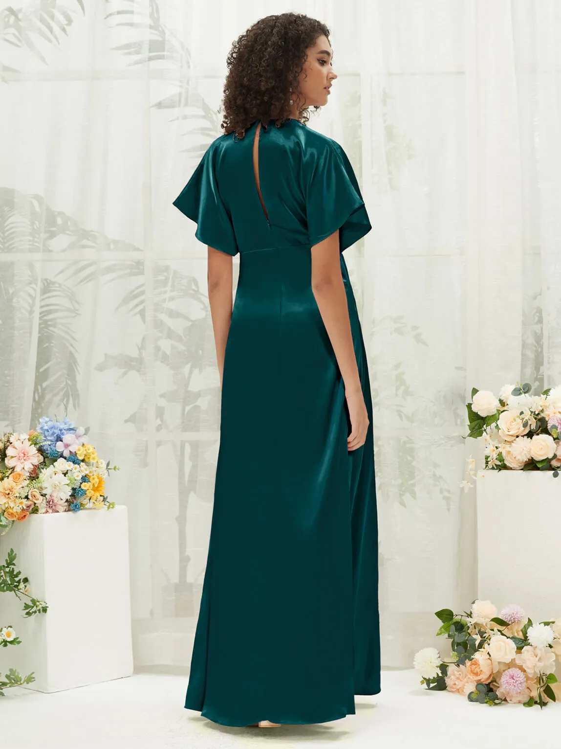 Peacock V-Neck Short Sleeve Satin Maxi Bridesmaid Dress With Slit