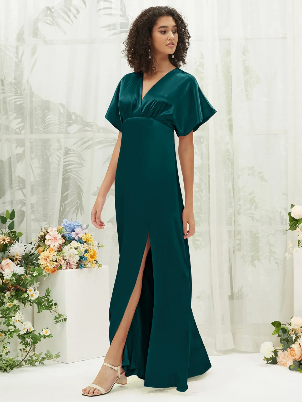 Peacock V-Neck Short Sleeve Satin Maxi Bridesmaid Dress With Slit