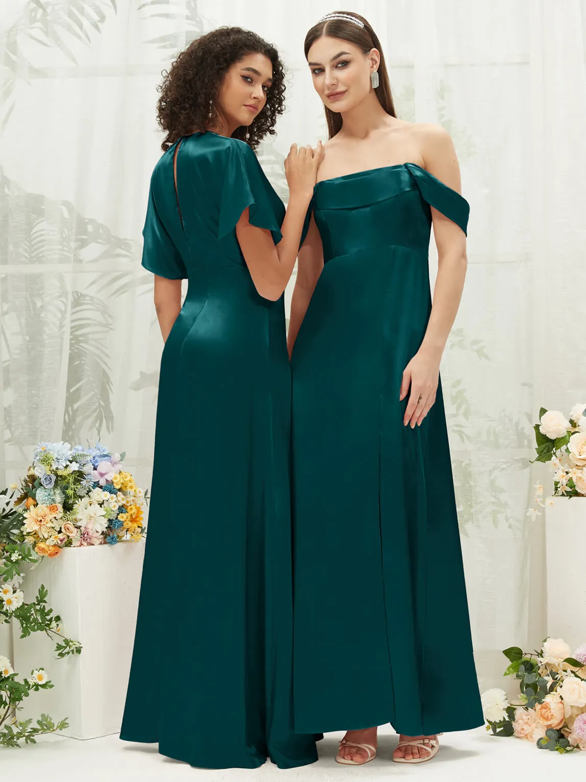 Peacock V-Neck Short Sleeve Satin Maxi Bridesmaid Dress With Slit