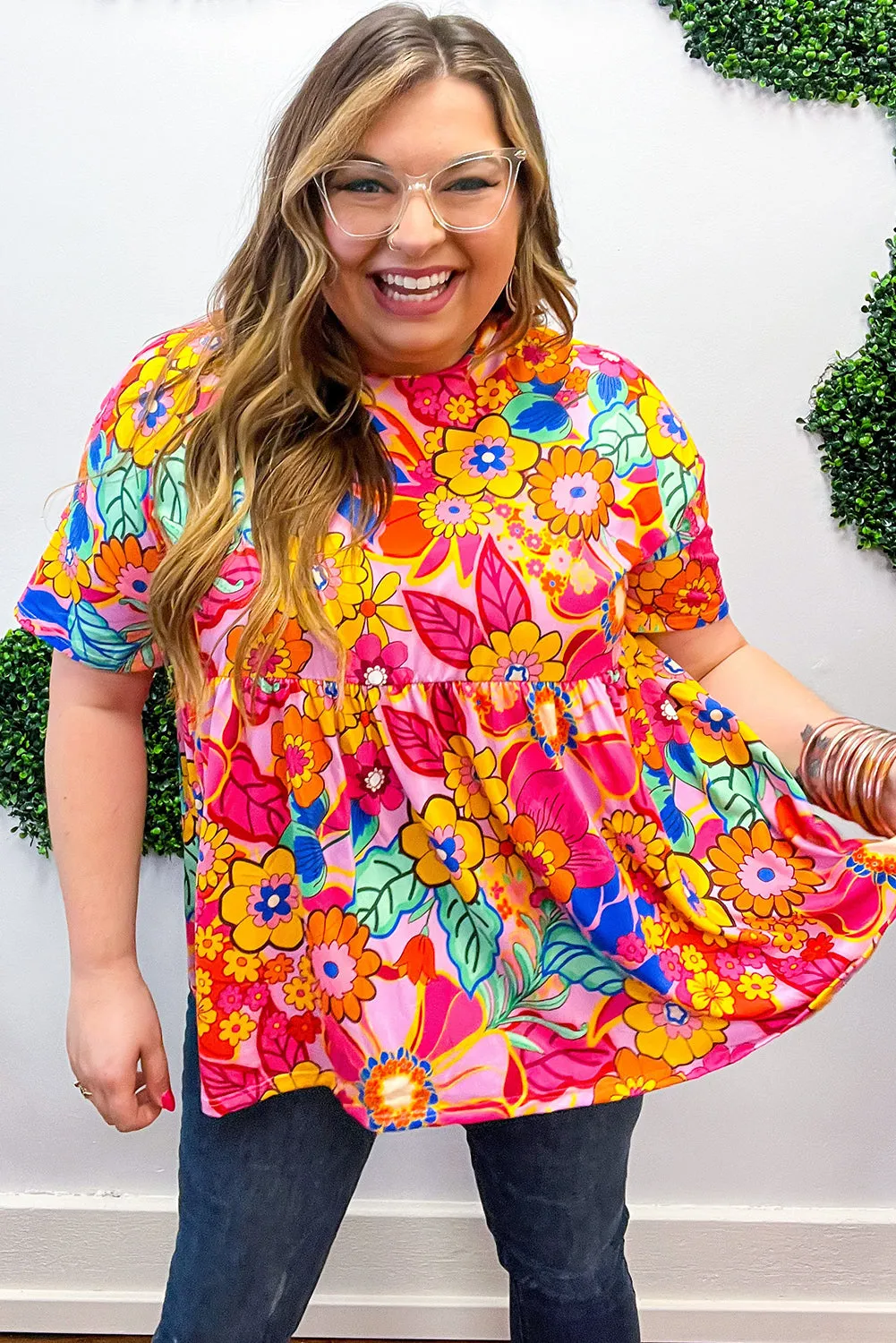 Pink Floral / Geometric Print Short Sleeve Plus Size Babydoll Blouse