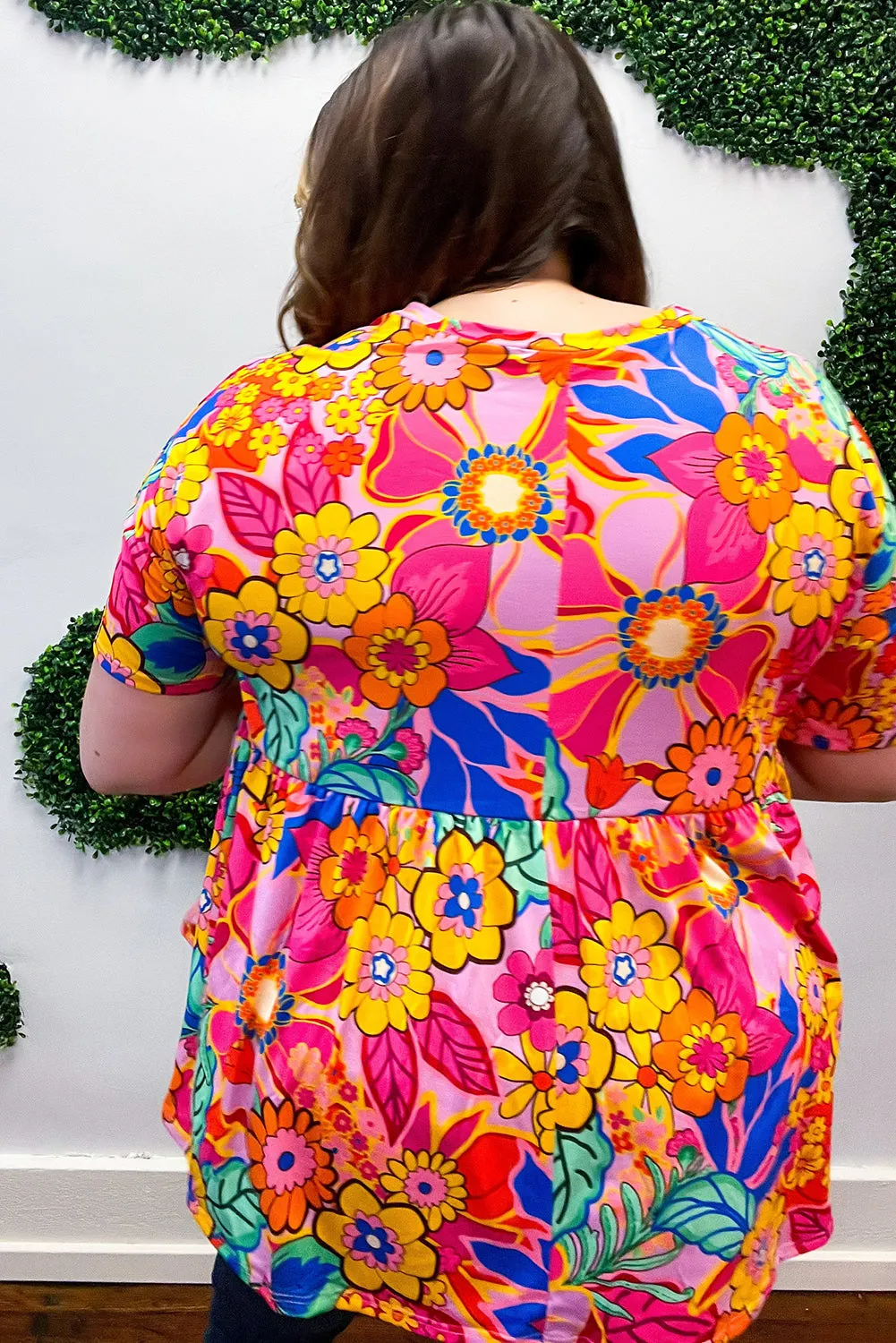 Pink Floral / Geometric Print Short Sleeve Plus Size Babydoll Blouse