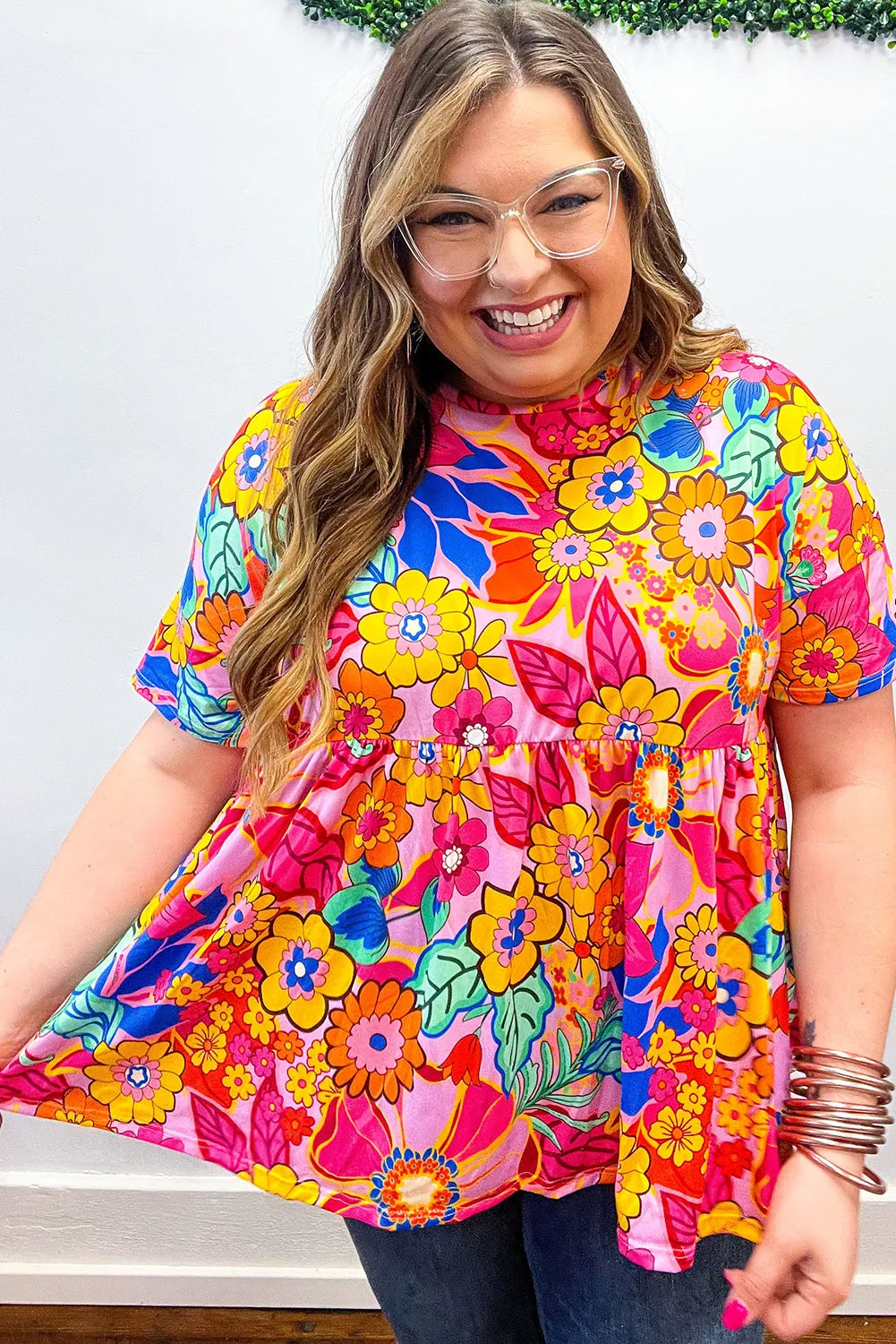 Pink Floral / Geometric Print Short Sleeve Plus Size Babydoll Blouse
