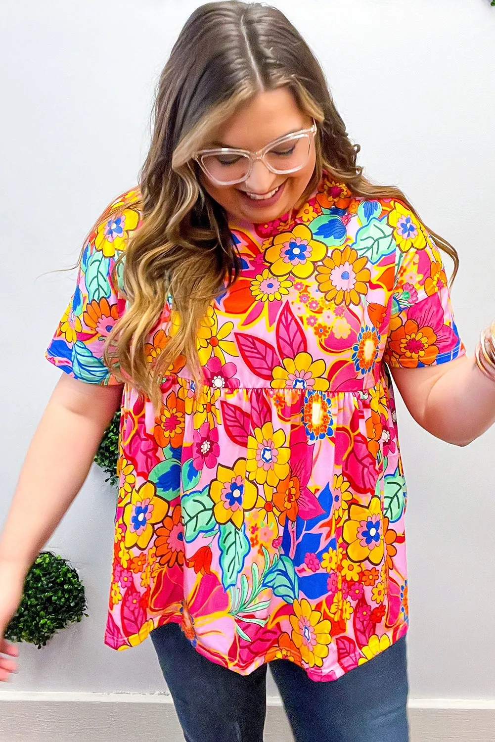 Pink Floral / Geometric Print Short Sleeve Plus Size Babydoll Blouse