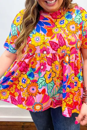 Pink Floral / Geometric Print Short Sleeve Plus Size Babydoll Blouse