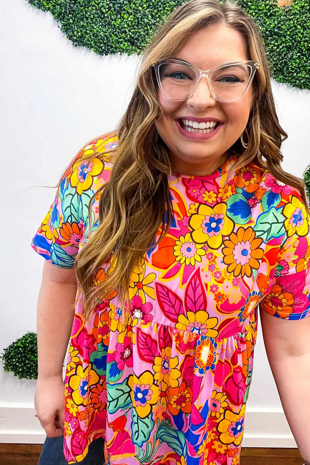 Pink Floral / Geometric Print Short Sleeve Plus Size Babydoll Blouse