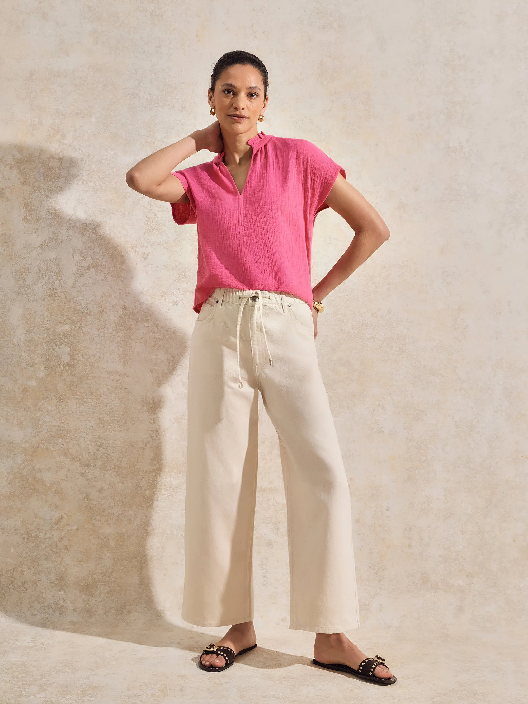 Pink Frill-Detail V-Neck Cheesecloth Top