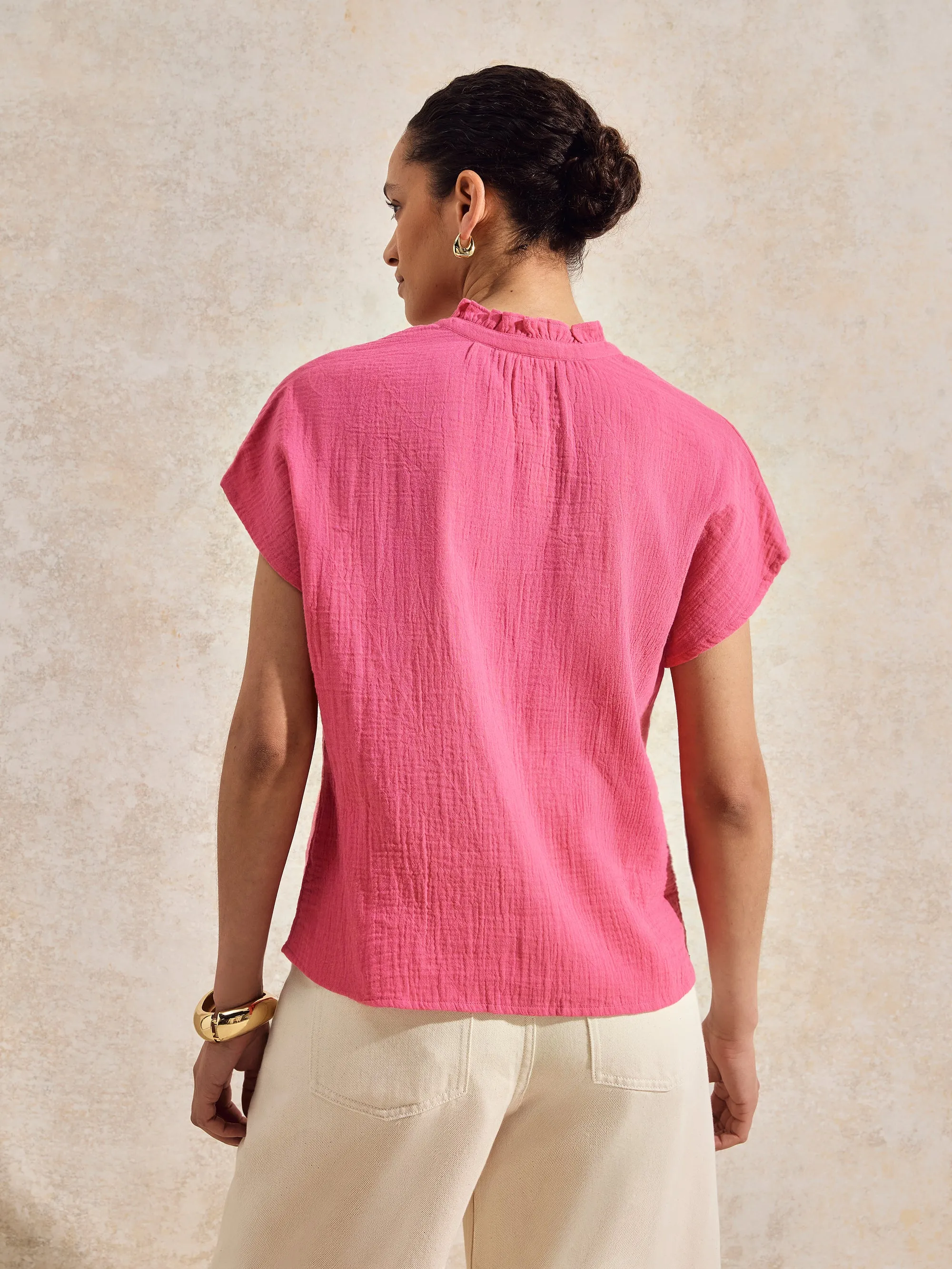 Pink Frill-Detail V-Neck Cheesecloth Top