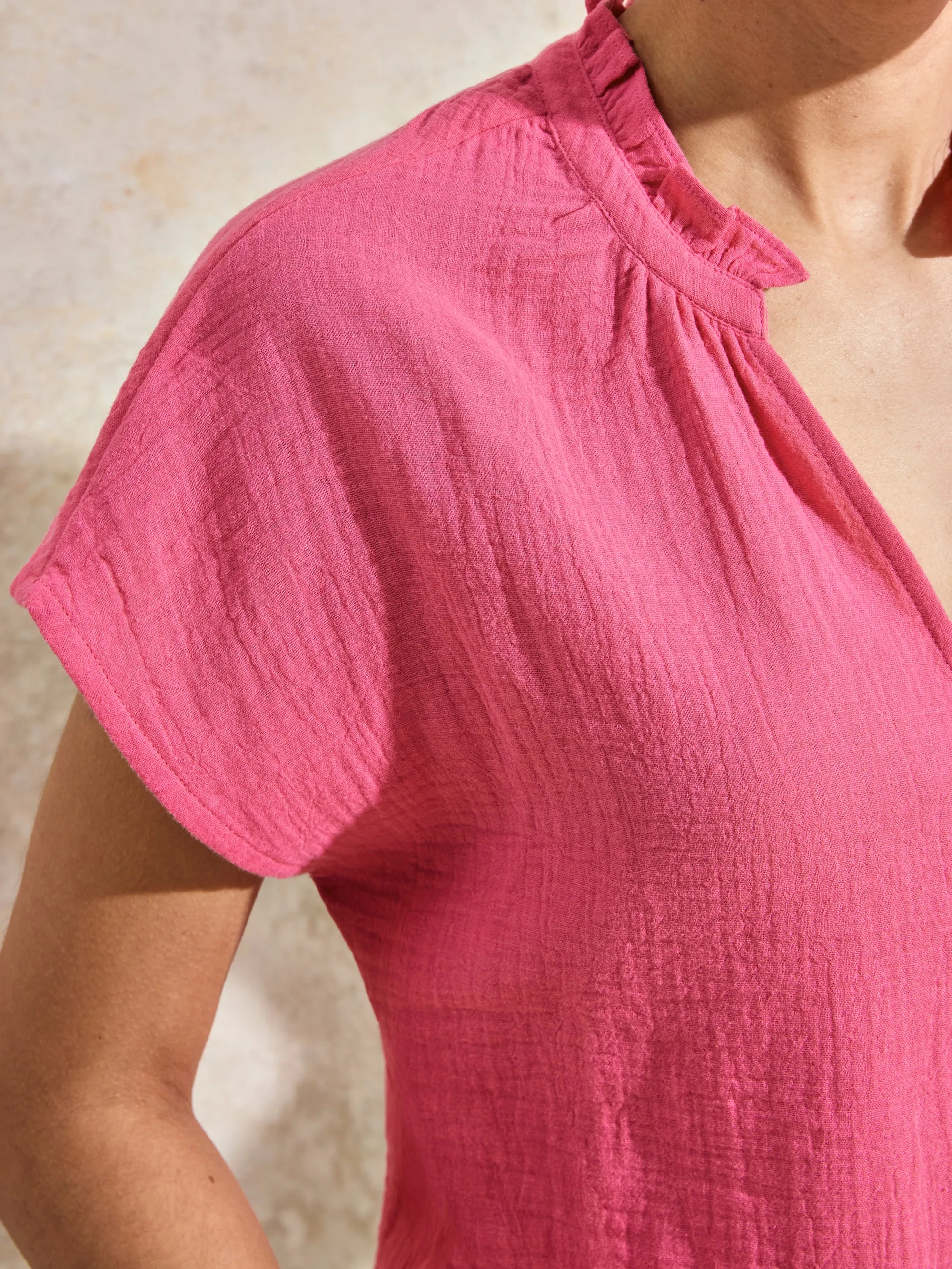 Pink Frill-Detail V-Neck Cheesecloth Top