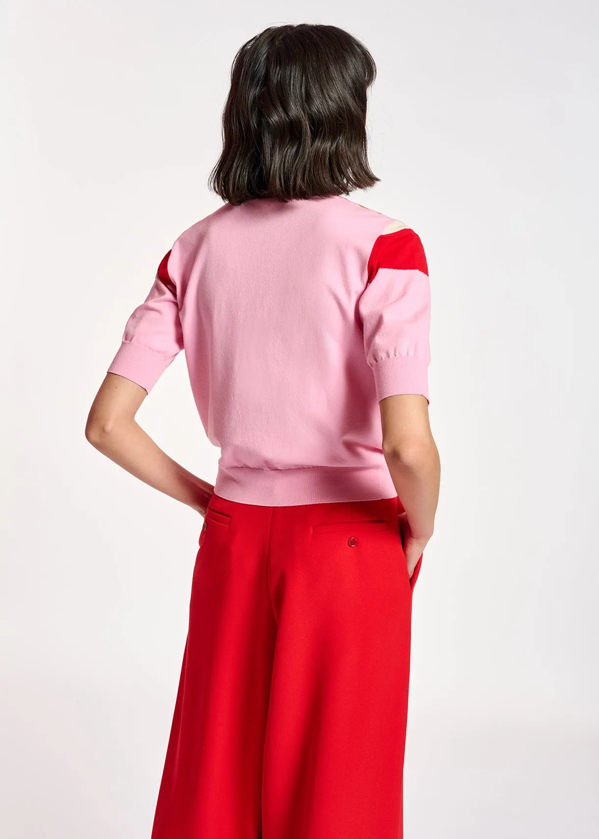 Pink, red and brown knitted polo top