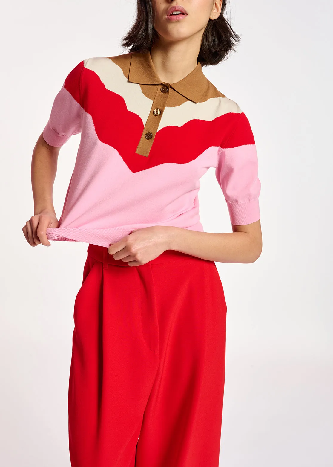 Pink, red and brown knitted polo top