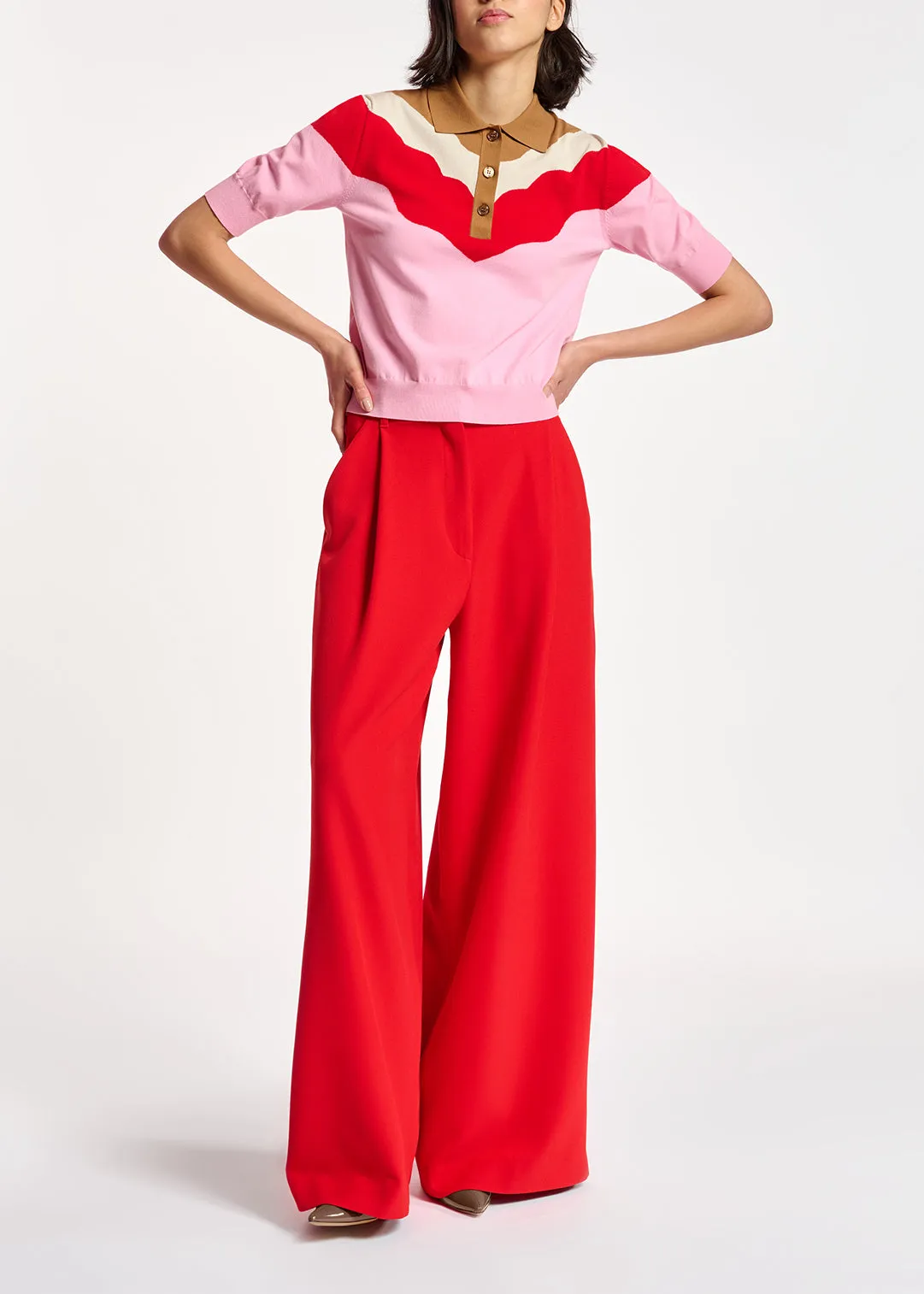 Pink, red and brown knitted polo top