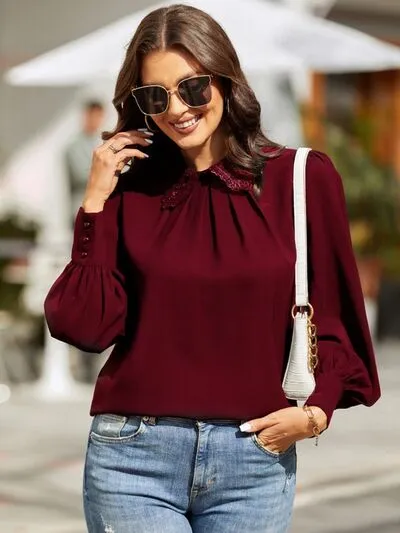 Piper Ruched Keyhole Lantern Sleeve Shirt
