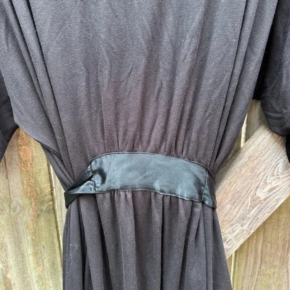 PJ Harlow Shala Knit Black Supima Cotton Blend Robe with Pockets &amp; Satin Trim