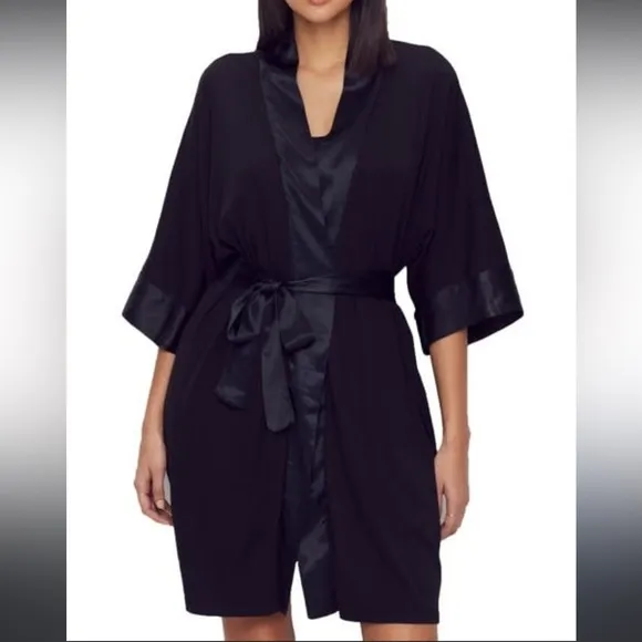 PJ Harlow Shala Knit Black Supima Cotton Blend Robe with Pockets &amp; Satin Trim