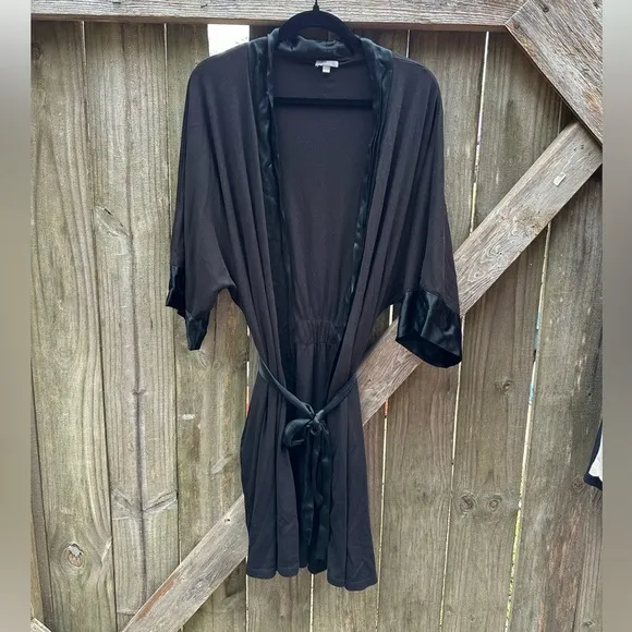 PJ Harlow Shala Knit Black Supima Cotton Blend Robe with Pockets &amp; Satin Trim