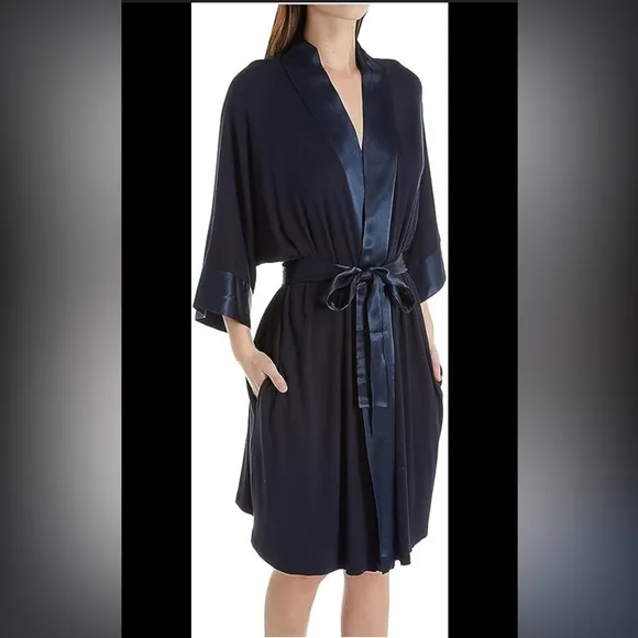 PJ Harlow Shala Knit Black Supima Cotton Blend Robe with Pockets &amp; Satin Trim