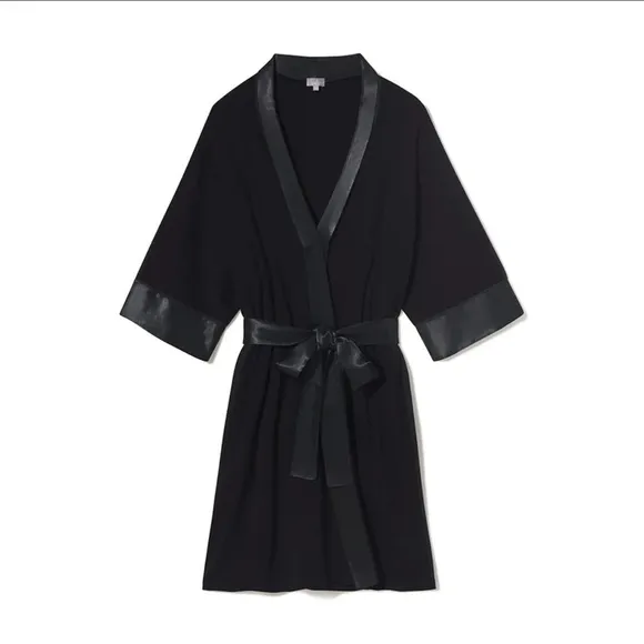 PJ Harlow Shala Knit Black Supima Cotton Blend Robe with Pockets &amp; Satin Trim