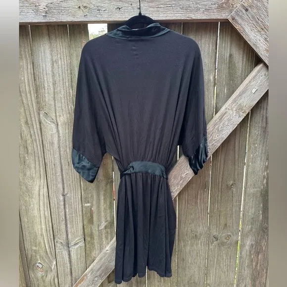 PJ Harlow Shala Knit Black Supima Cotton Blend Robe with Pockets &amp; Satin Trim