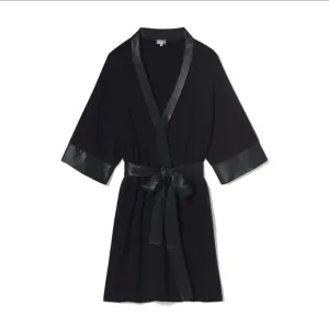 PJ Harlow Shala Knit Black Supima Cotton Blend Robe with Pockets &amp; Satin Trim