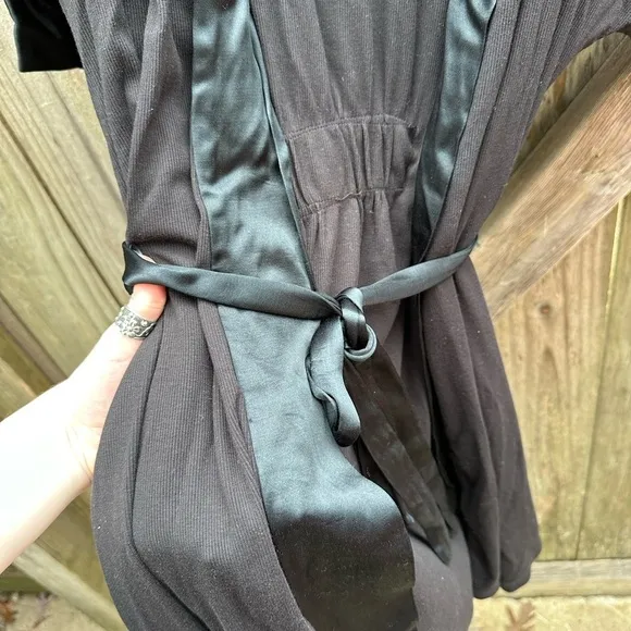 PJ Harlow Shala Knit Black Supima Cotton Blend Robe with Pockets &amp; Satin Trim
