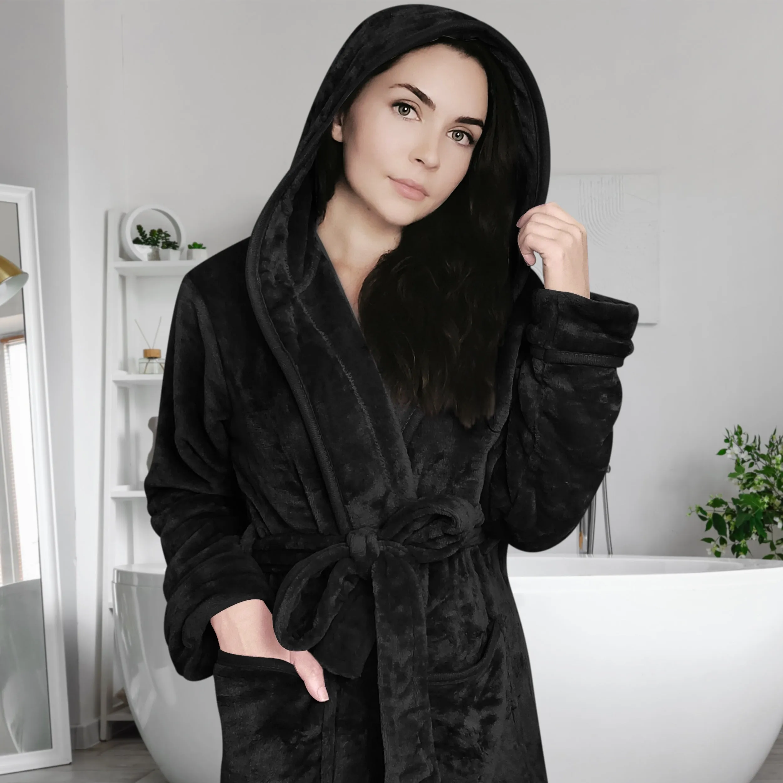 Plush Fleece Hooded Long Sleeve Spa Bathrobe
