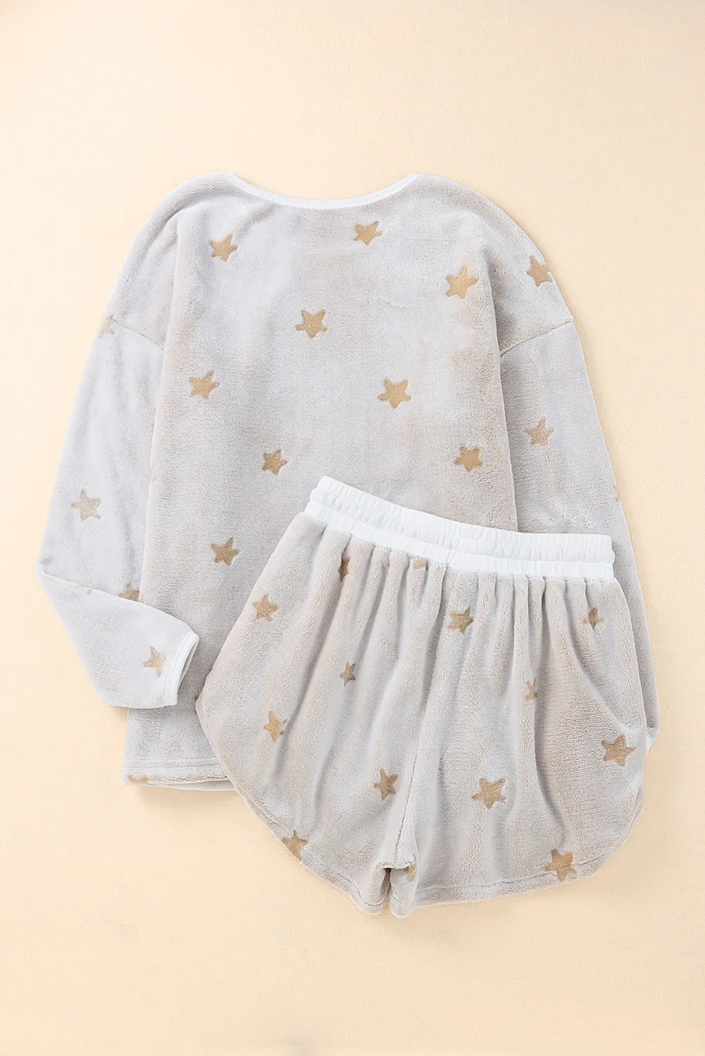 Plush Star Pattern Long Sleeve Pullover and Shorts Lounge Set