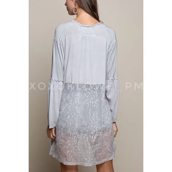 POL Dove Grey Rayon Jersey Open Front Bell Sleeve Lace Kimono Cardigan