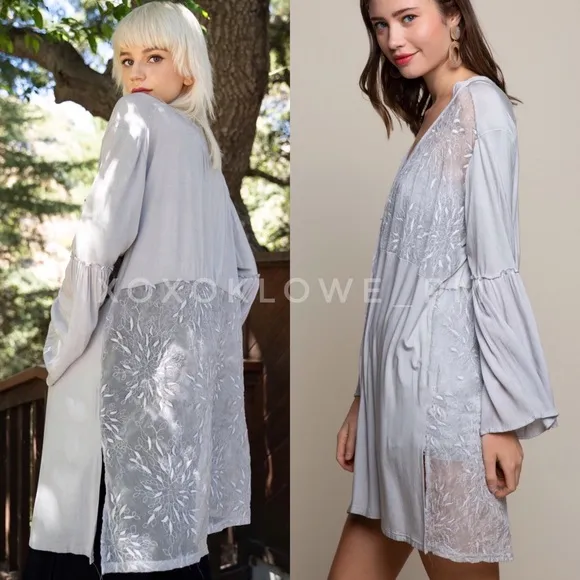 POL Dove Grey Rayon Jersey Open Front Bell Sleeve Lace Kimono Cardigan