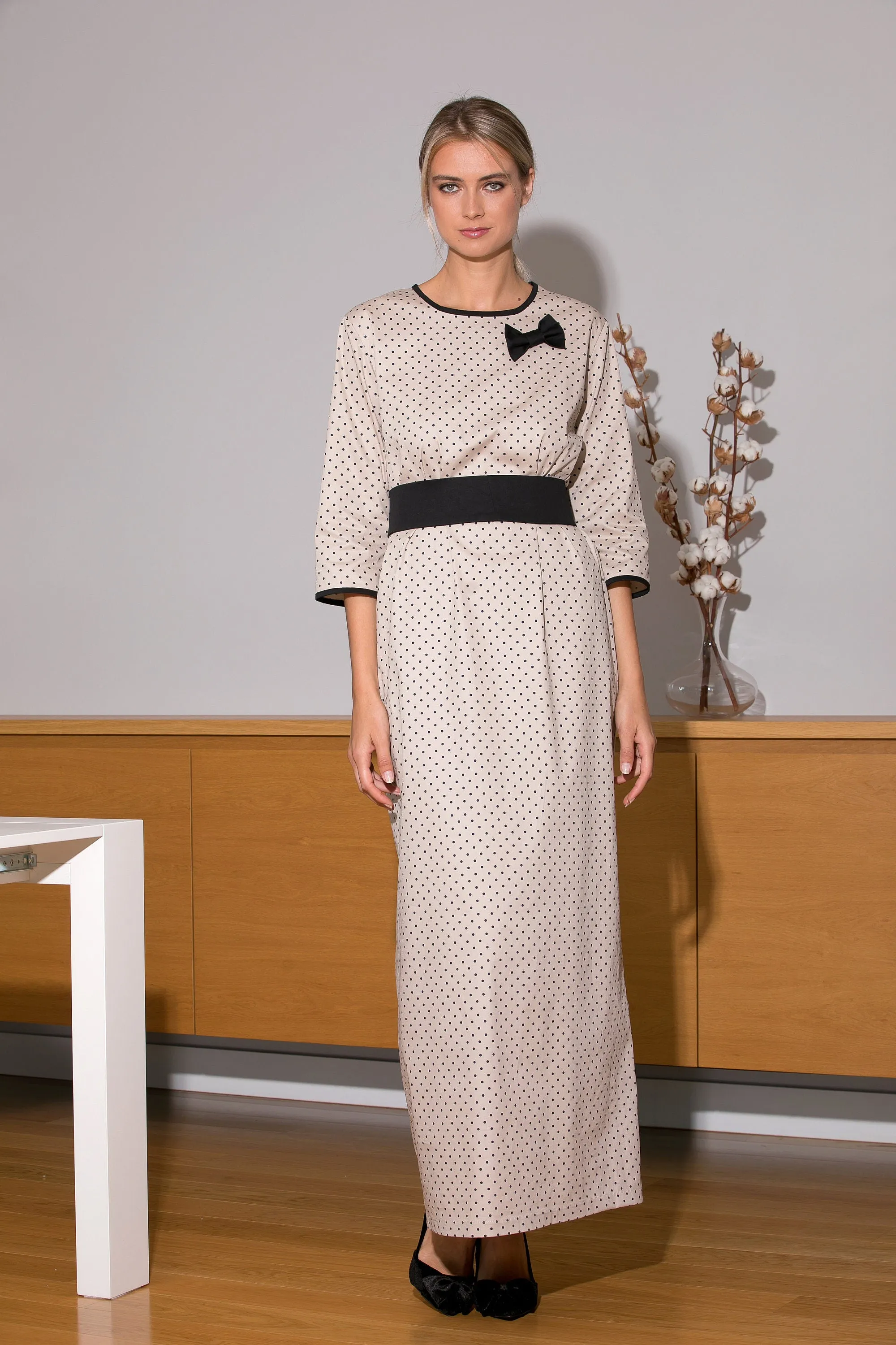 Polka Dot Dress, Maxi Women Dress in Cream Color, Belted Dress with Black Details, Mid Sleeves Dress for Woman