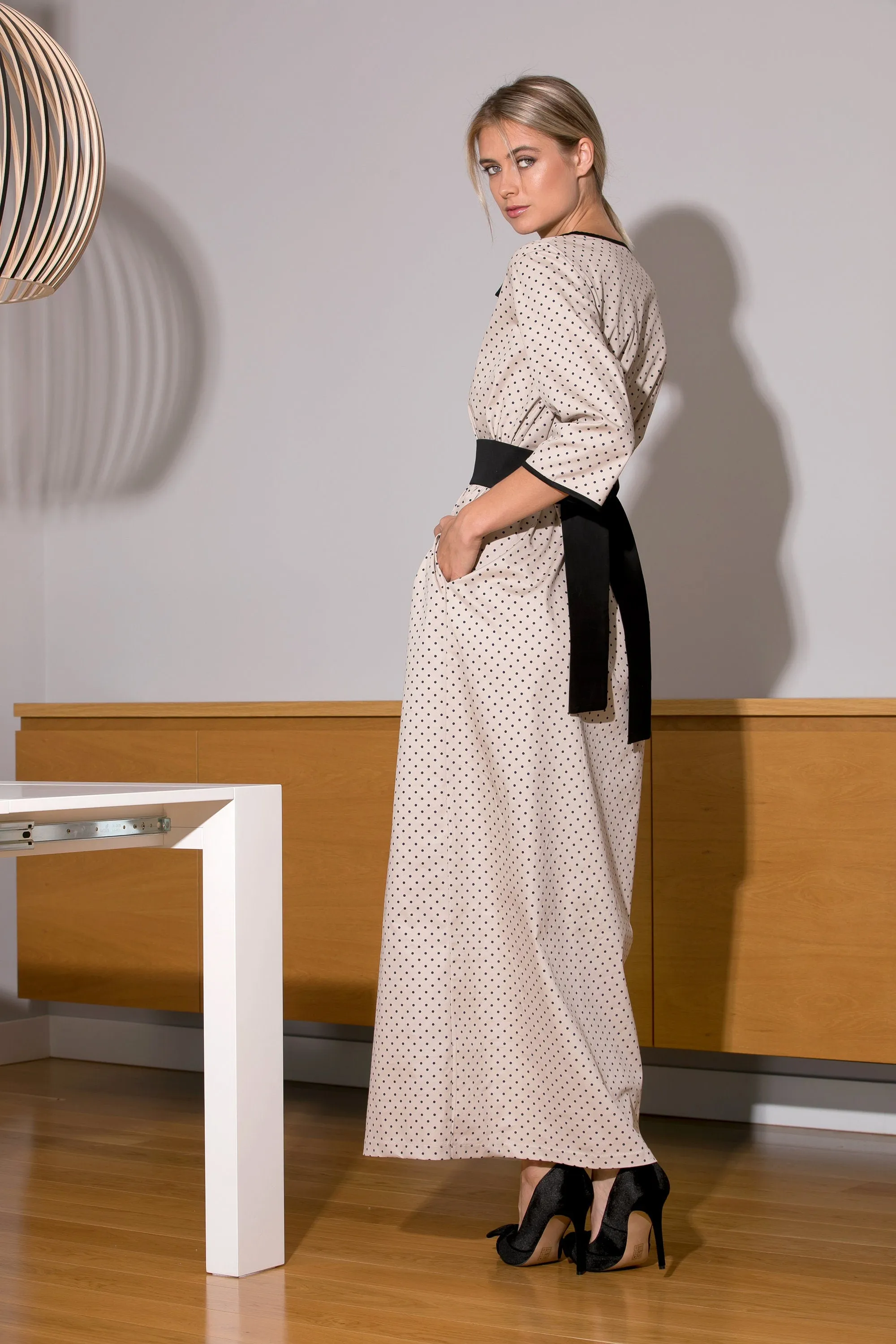 Polka Dot Dress, Maxi Women Dress in Cream Color, Belted Dress with Black Details, Mid Sleeves Dress for Woman