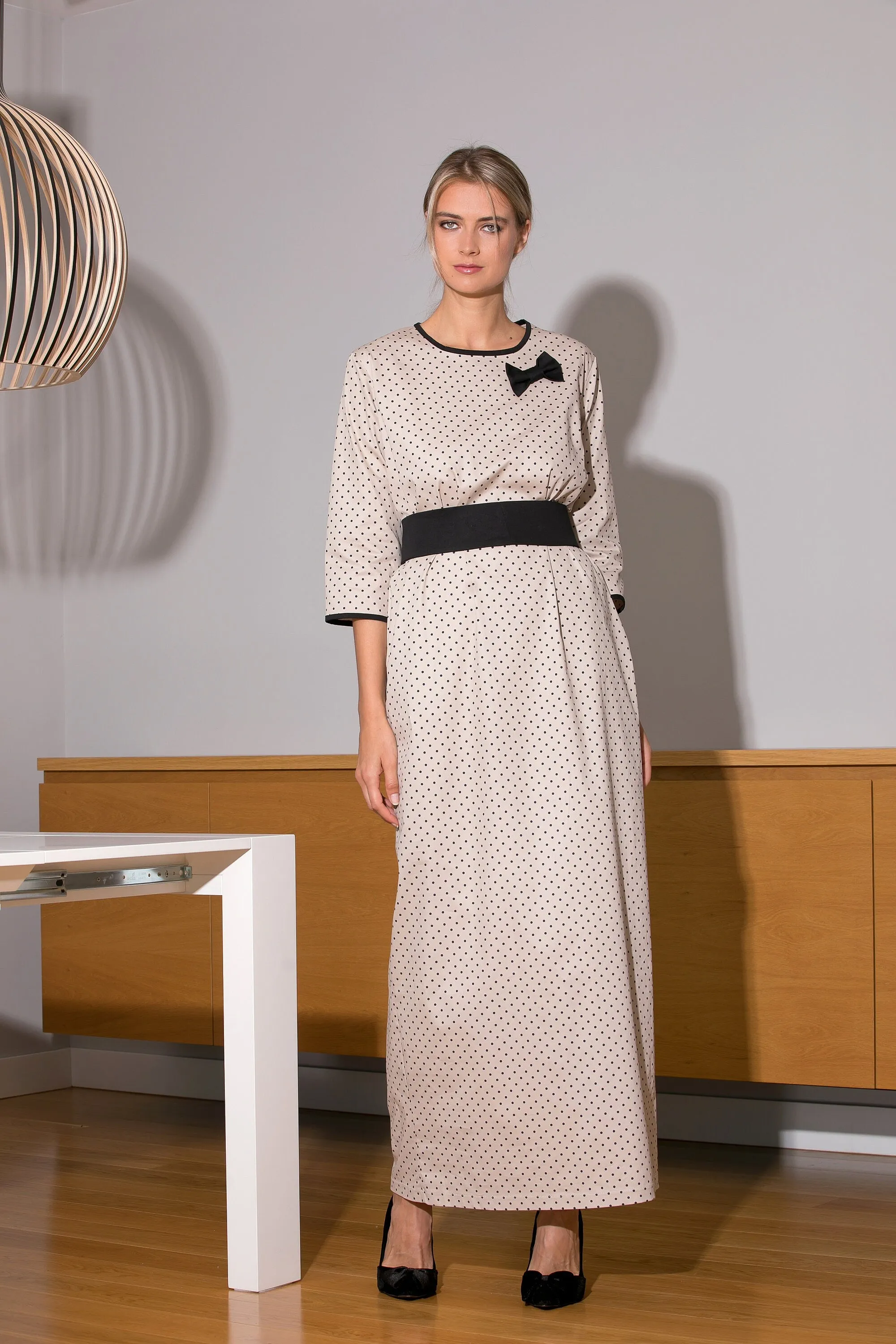 Polka Dot Dress, Maxi Women Dress in Cream Color, Belted Dress with Black Details, Mid Sleeves Dress for Woman