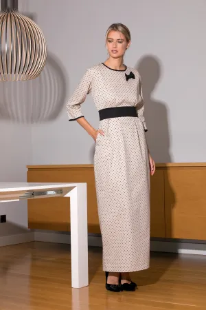 Polka Dot Dress, Maxi Women Dress in Cream Color, Belted Dress with Black Details, Mid Sleeves Dress for Woman