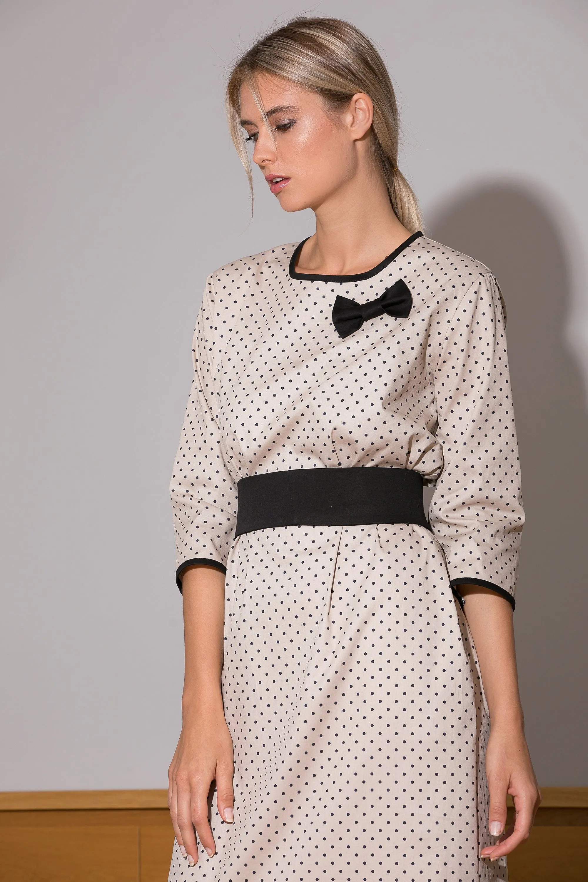 Polka Dot Dress, Maxi Women Dress in Cream Color, Belted Dress with Black Details, Mid Sleeves Dress for Woman