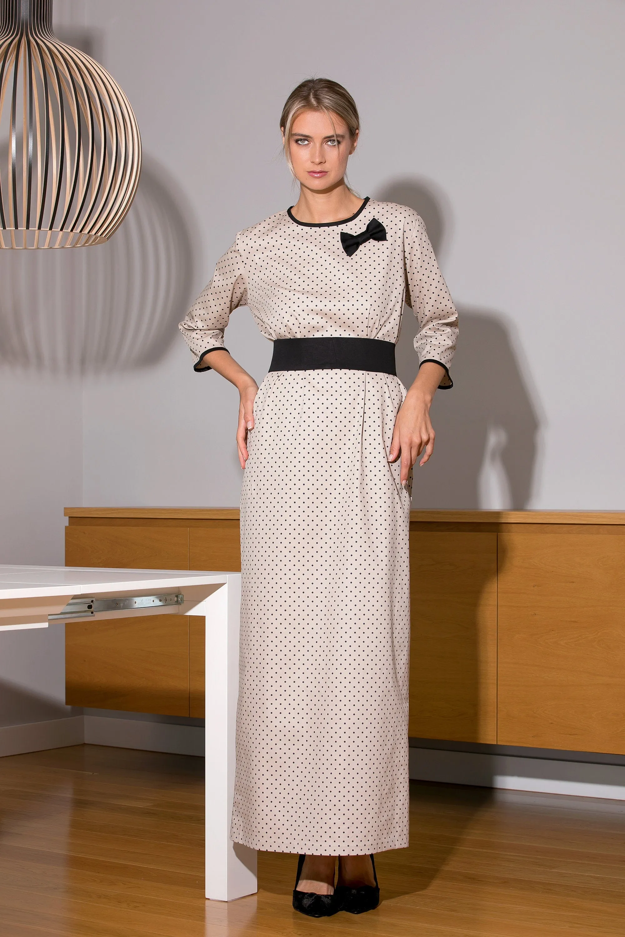Polka Dot Dress, Maxi Women Dress in Cream Color, Belted Dress with Black Details, Mid Sleeves Dress for Woman