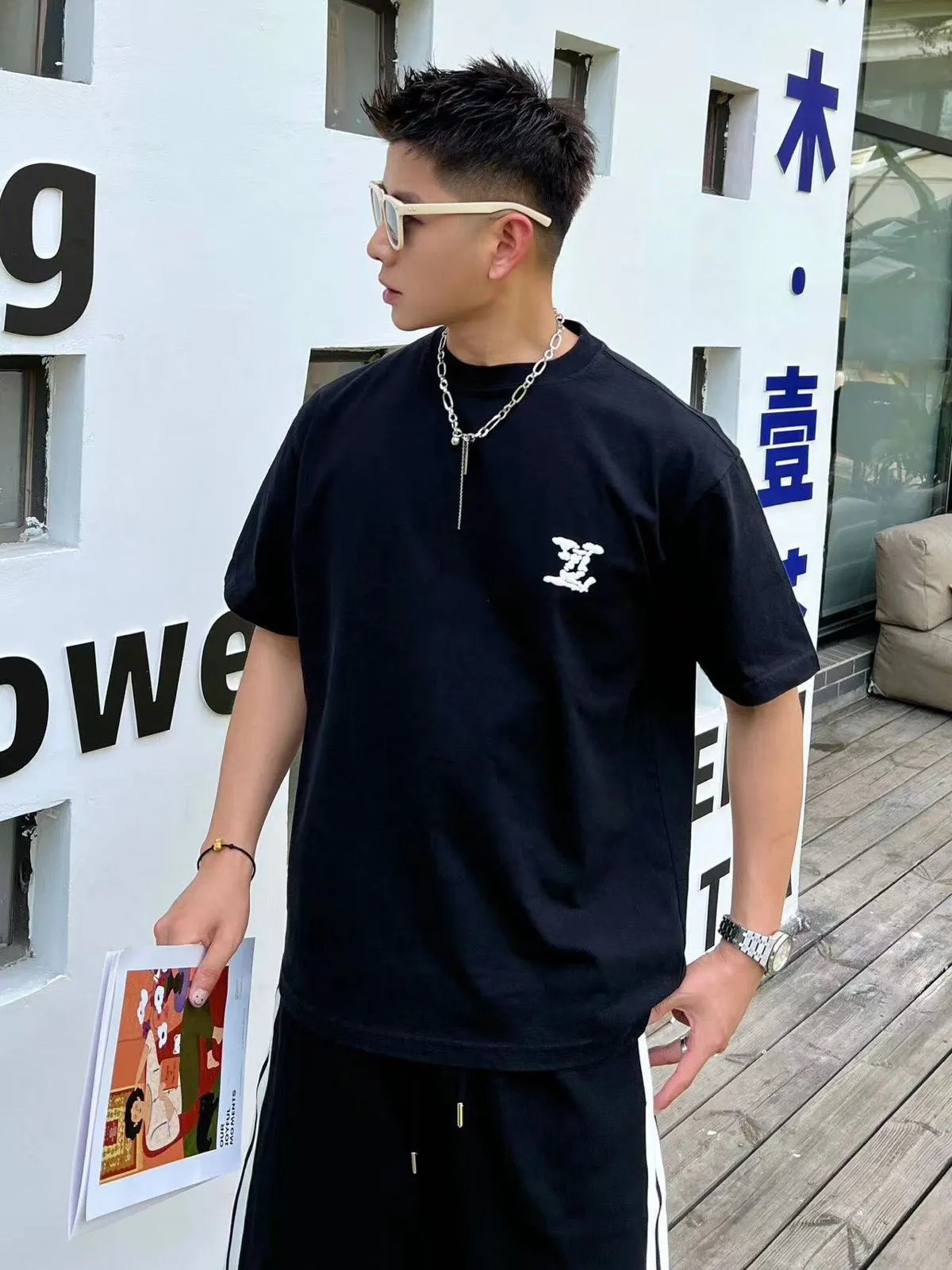 Premium Quality  Big Patched Logo  Black Drop Shoulder Tee