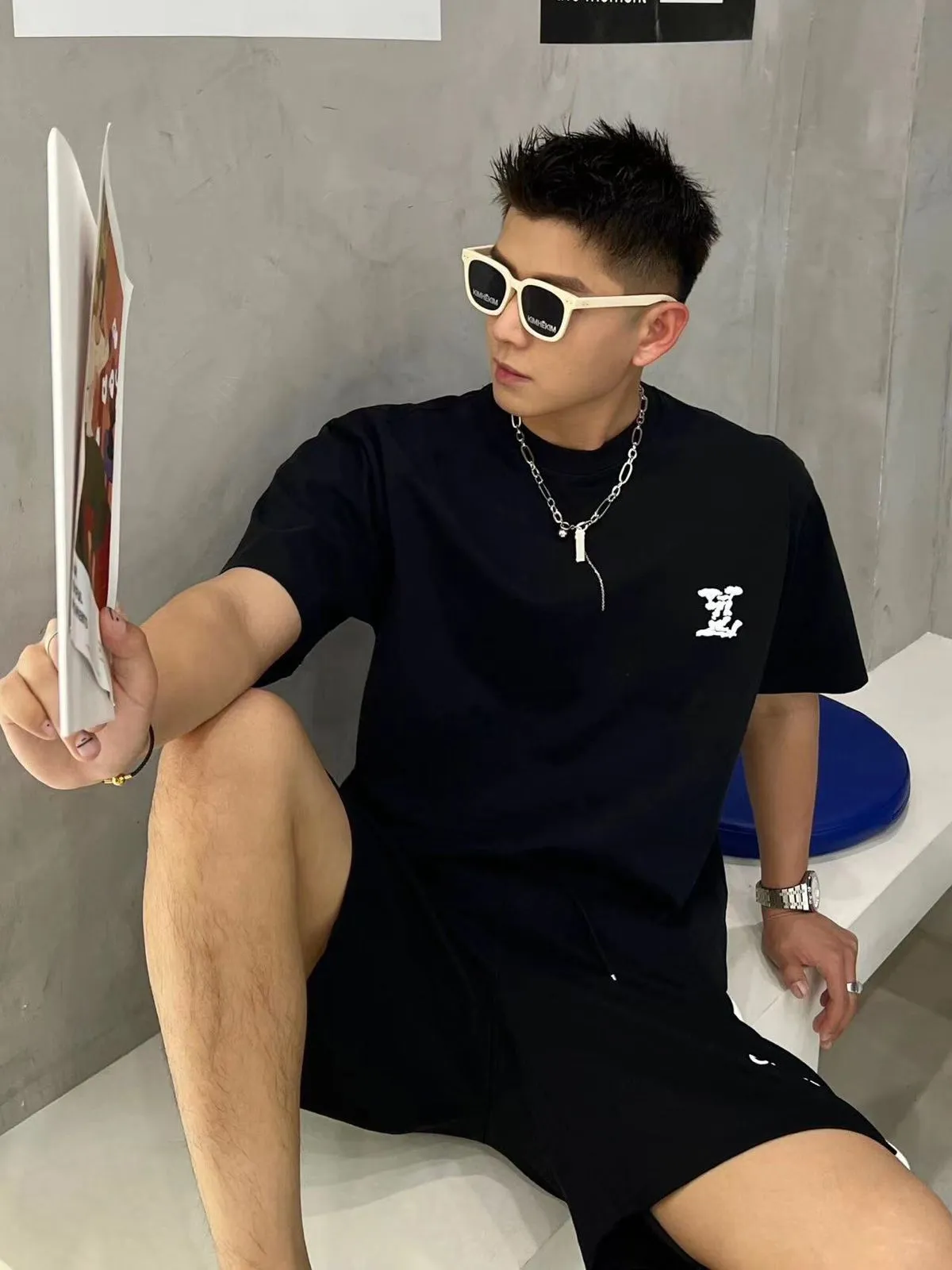 Premium Quality  Big Patched Logo  Black Drop Shoulder Tee