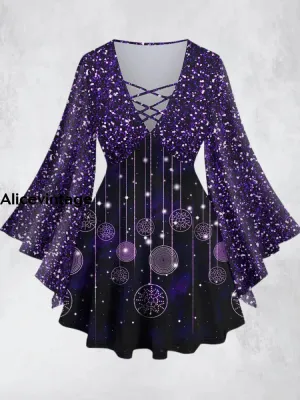 Purple Dream Star Printed V-Neck Hollow Cut Flared Long Sleeve Mid-Long Top
