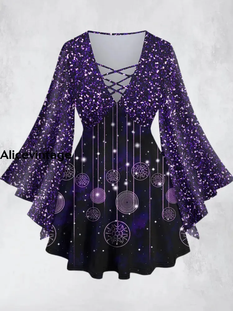 Purple Dream Star Printed V-Neck Hollow Cut Flared Long Sleeve Mid-Long Top