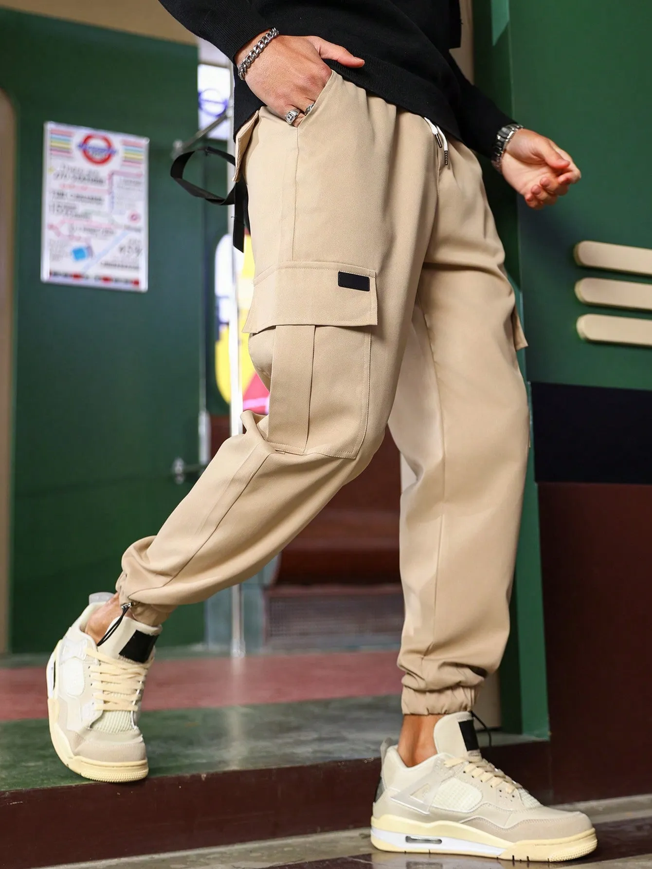 QA Homme Men Drawstring Hem Pocket Side Cargo Trousers