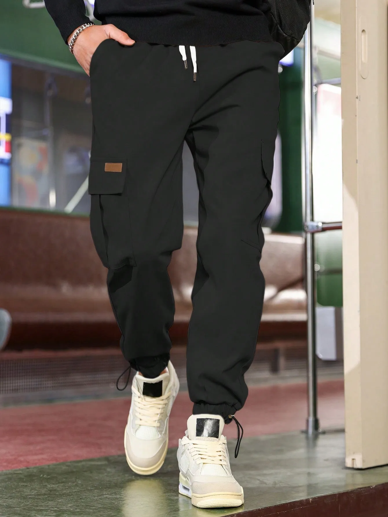 QA Homme Men Drawstring Hem Pocket Side Cargo Trousers