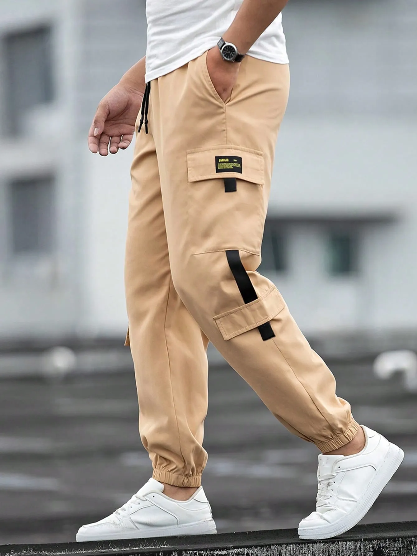 QA Homme Men Patch Detail Drawstring Waist Cargo Trousers