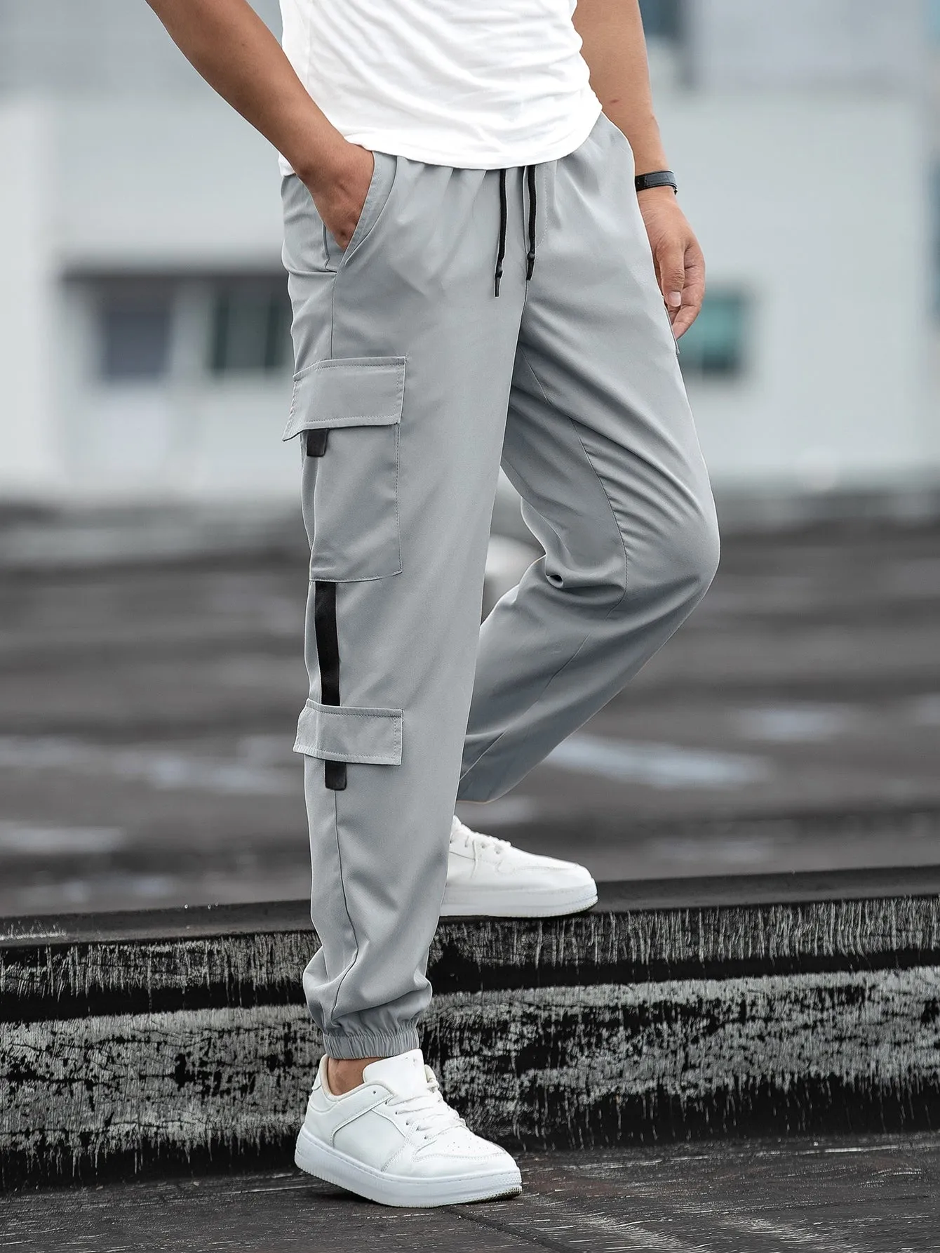 QA Homme Men Patch Detail Drawstring Waist Cargo Trousers