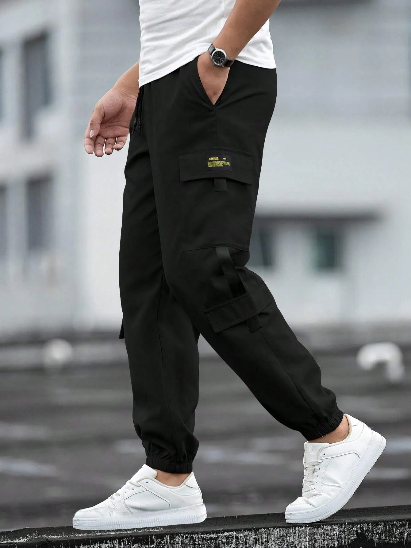 QA Homme Men Patch Detail Drawstring Waist Cargo Trousers