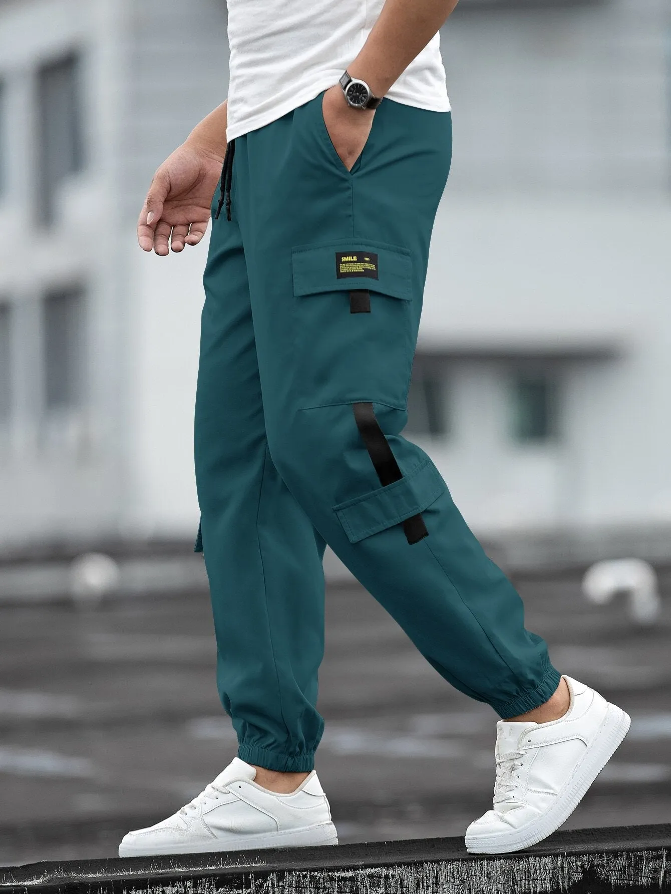 QA Homme Men Patch Detail Drawstring Waist Cargo Trousers