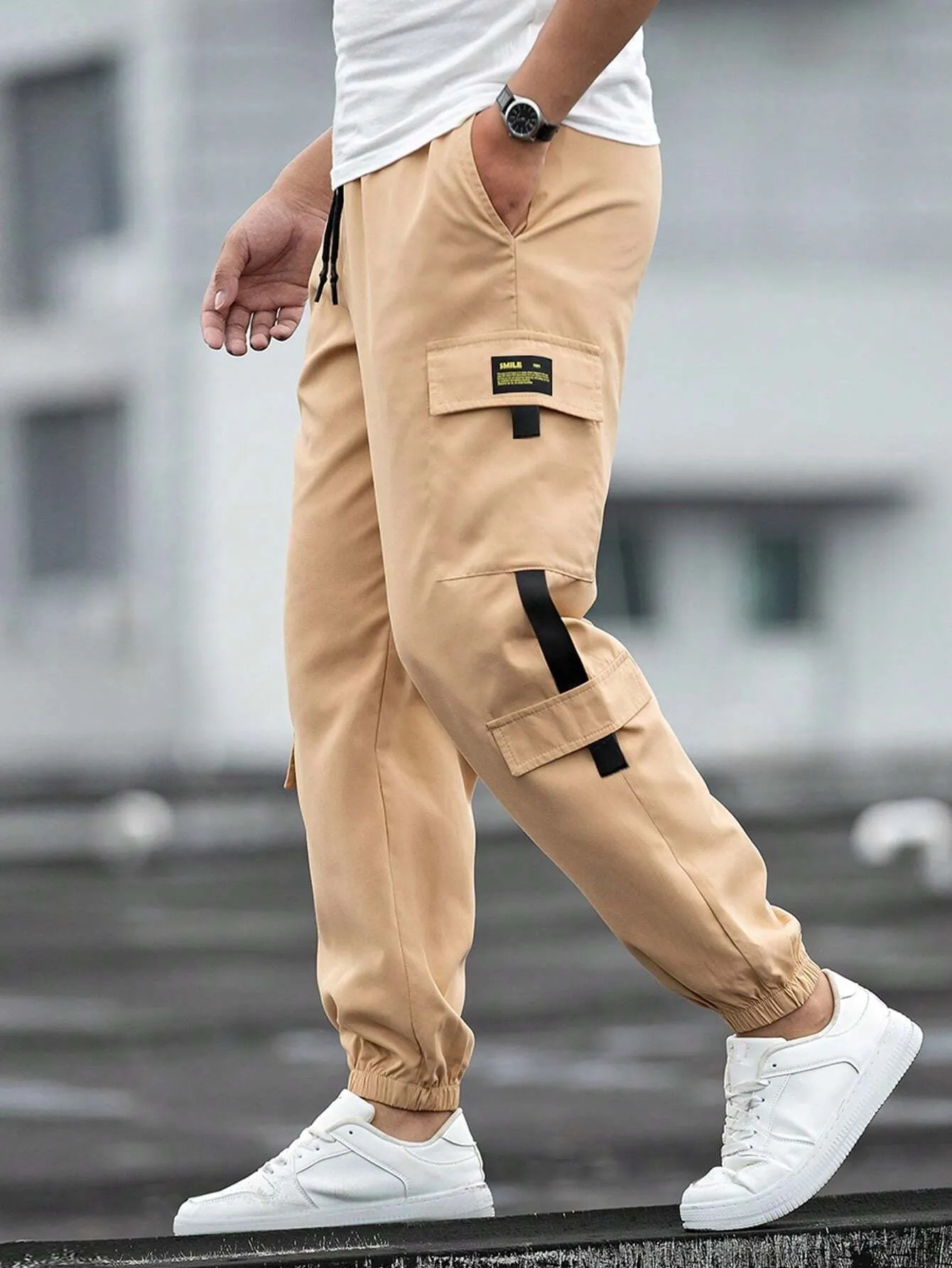 QA Homme Men Patch Detail Drawstring Waist Cargo Trousers