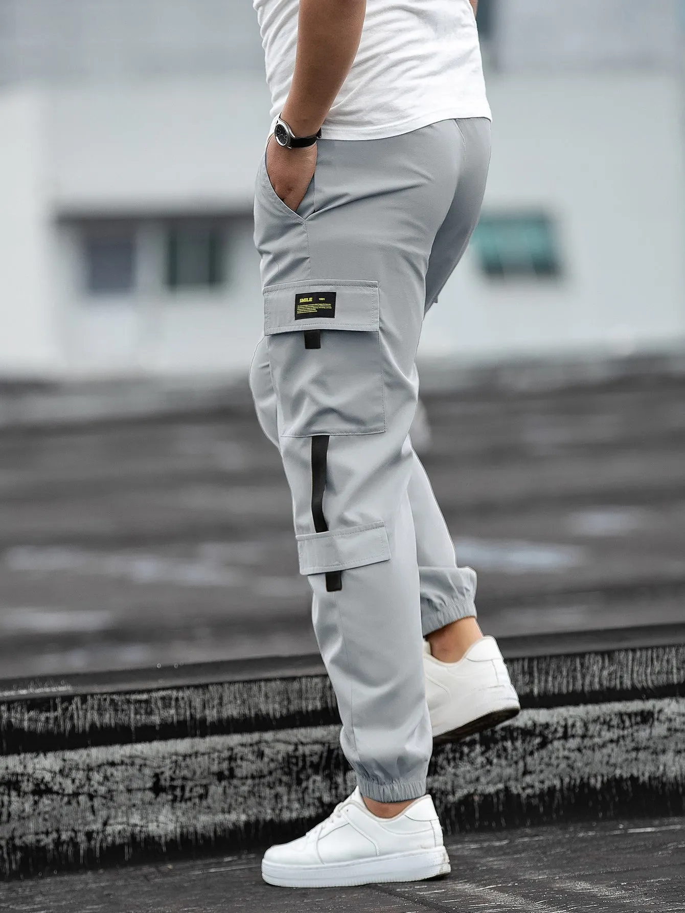 QA Homme Men Patch Detail Drawstring Waist Cargo Trousers