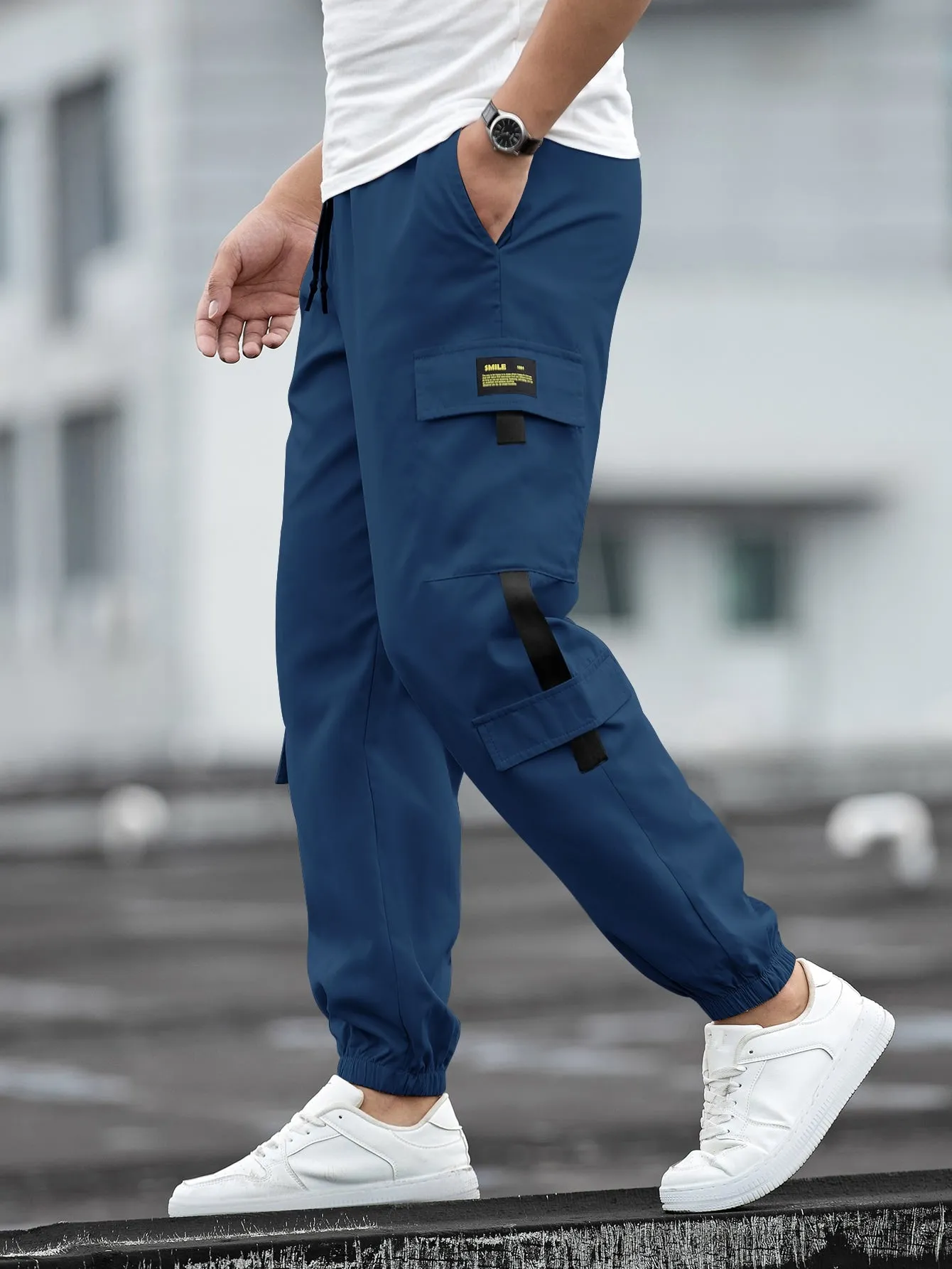QA Homme Men Patch Detail Drawstring Waist Cargo Trousers