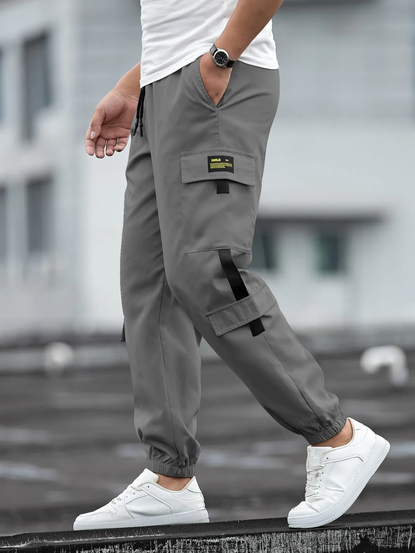 QA Homme Men Patch Detail Drawstring Waist Cargo Trousers