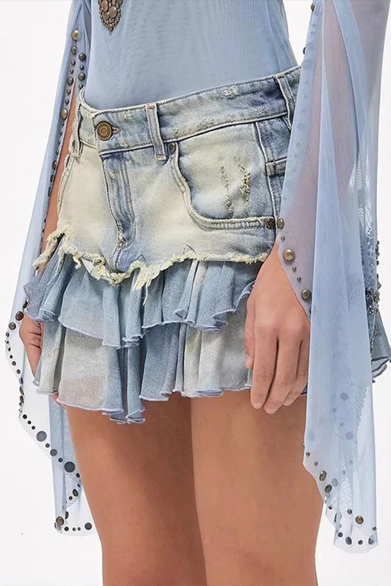 QG640 Denim Distressed Pleated Skirt