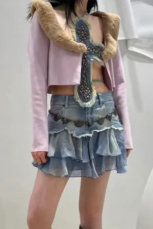 QG640 Denim Distressed Pleated Skirt